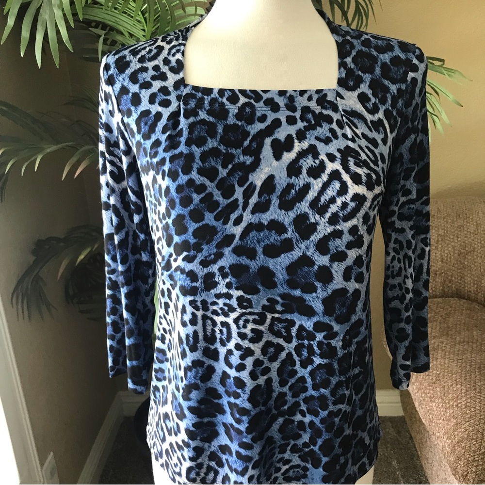 Susan Graver blue animal print square neck stretch top